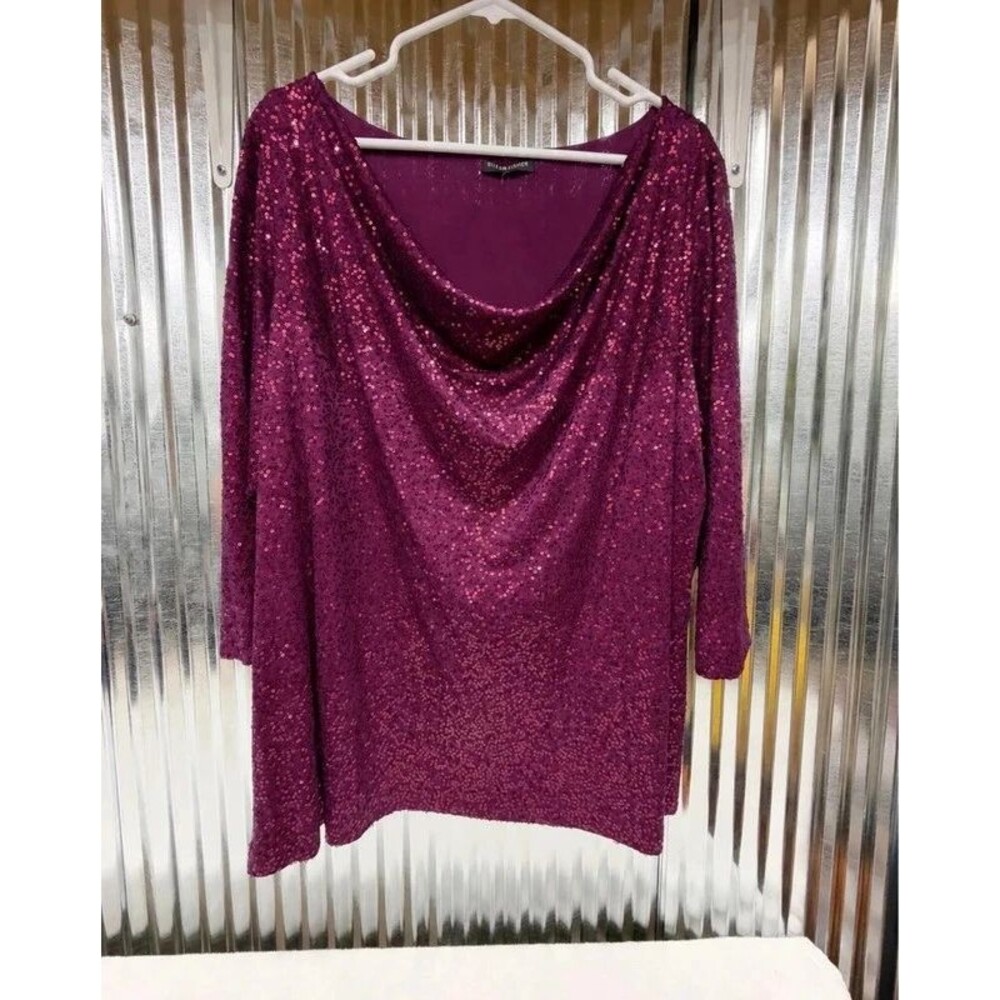 Eileen Fisher Woman 100% Silk Purple Sequin Top XL 1X Cowl Neck